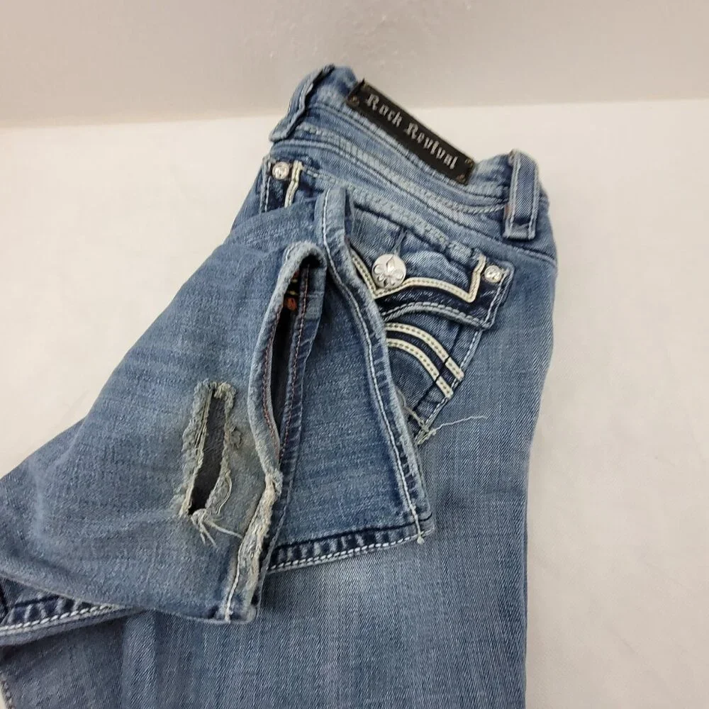 Rock Revival Jeans Women's 29 Blue Anja Boot 30x34.25" Stretch Worn Hems - Picture 15 of 16